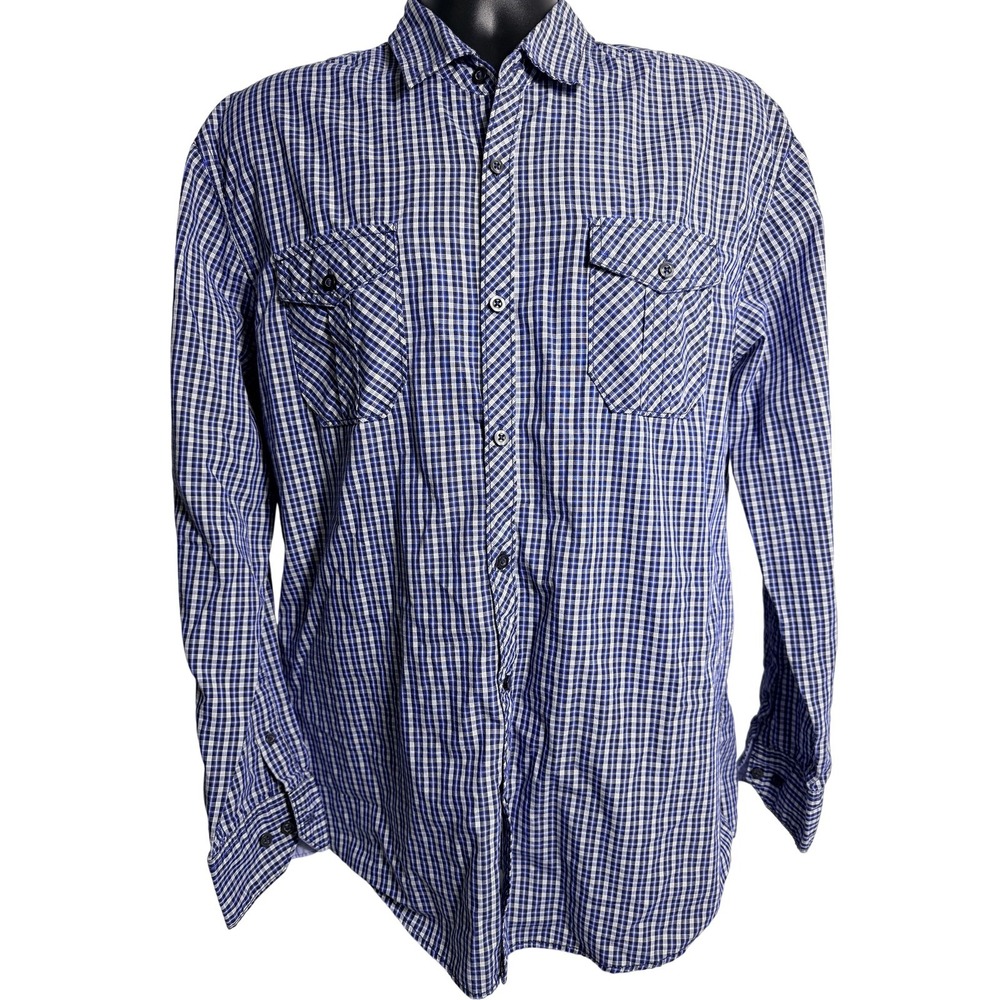 Michael Brandon Shirt Mens XL Blue Check Pockets Long‎ Sleeve Button Up Casual
